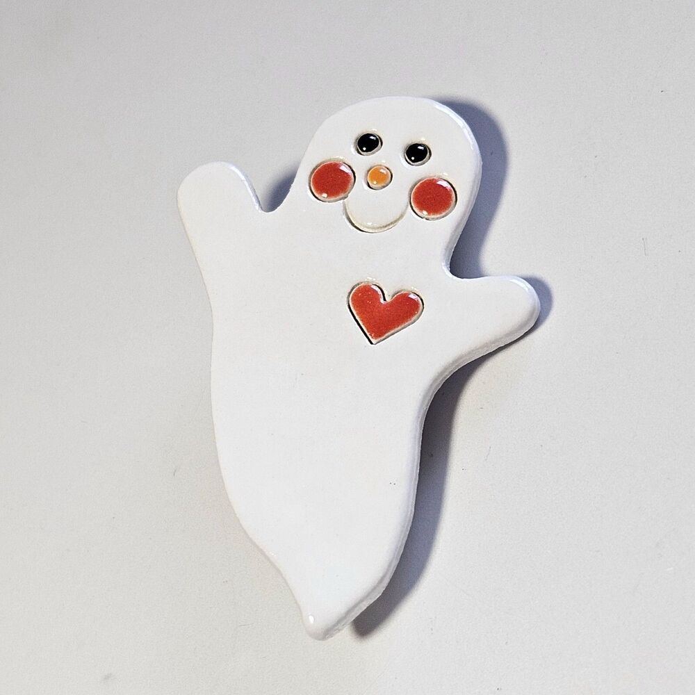 White Ceramic Happy Ghost Brooch Halloween Spooky